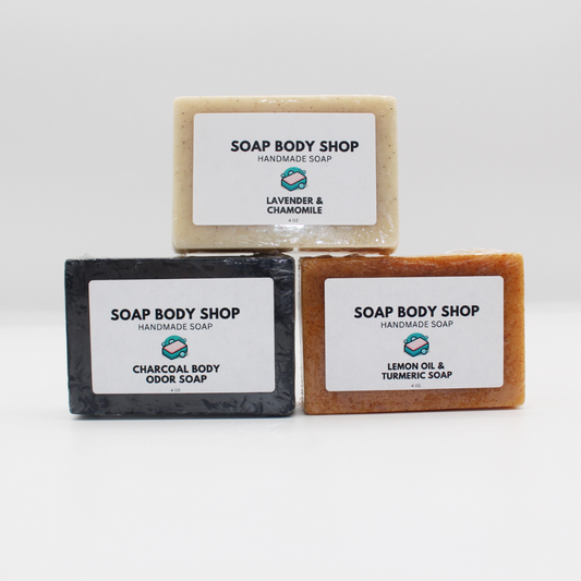 Lavender & Chamomile, Charcoal & Tea Tree, Turmeric & Lemon Kojic Acid– 3 Piece Handmade Soap Set, Essential Oils, Goat’s Milk Soap, 4 oz