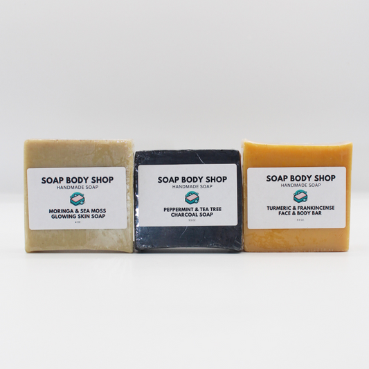 Moringa & Sea Moss, Charcoal Peppermint & Tea Tree, Turmeric & Frankincense – 4 oz Each