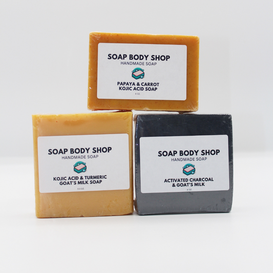 Papaya & Carrot Kojic Acid, Turmeric & Kojic, Activated Charcoal & Goat’s Milk – 3 Unscented Soap Set