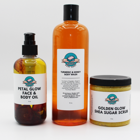 Turmeric Glowing Set – Shea Sugar Scrub, Rose Face + Body Oil, Turmeric & Honey Body Wash - 3 Piece