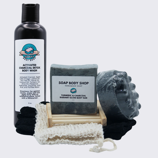 6-Piece Activated Charcoal Body Wash & Soap Set - 8oz Body Wash, 5oz Massage Bar, 4oz Soap