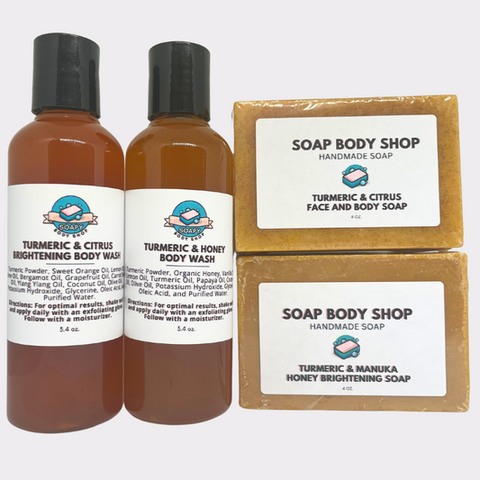 4-Piece Turmeric Citrus + Turmeric Honey, Soap Bar & Body Wash Set - Body Wash 3.4oz, Soap Bar 4oz