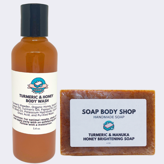 2-Piece Travel Size Turmeric & Honey Soap + Body Wash Set - Body Wash 3.4oz, Soap Bar 4oz