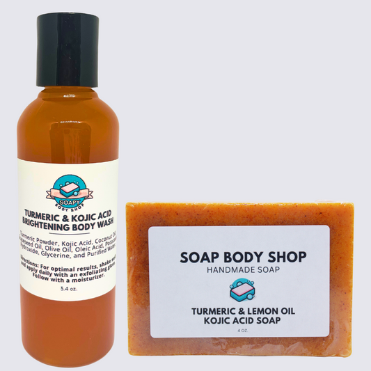 2-Piece Travel Size Turmeric & Kojic Acid Soap + Body Wash Set - Body Wash 3.4oz, Soap Bar 4oz