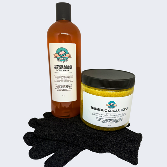 Turmeric Glowing Skin Set - Turmeric & Kojic Body Wash + Sugar Scrub + Exfoliating Glove - Body Wash 16oz, Sugar Scrub 16oz