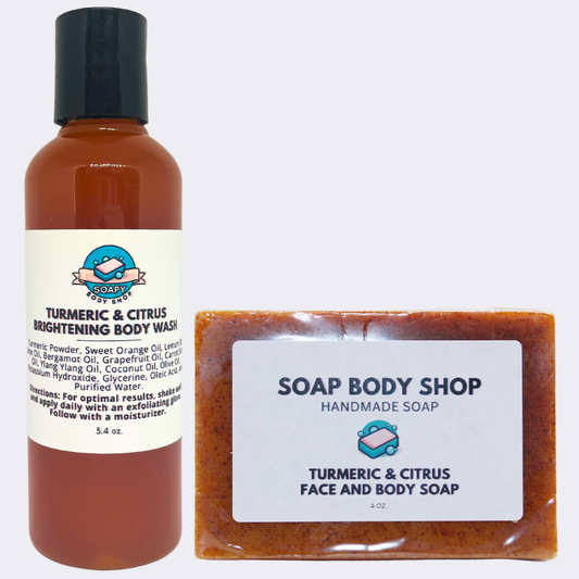 2-Piece Travel Size Turmeric & Citrus Soap & Body Wash Set - Body Wash 3.4oz, Soap Bar 4oz