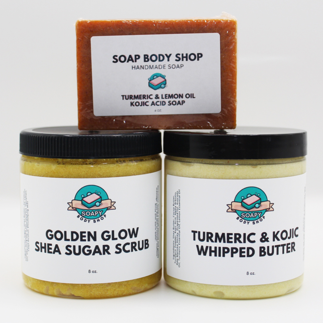 Turmeric Glowing 3 - Piece Turmeric Soap Set, Shea Sugar Scrub & Face + Whipped Butter