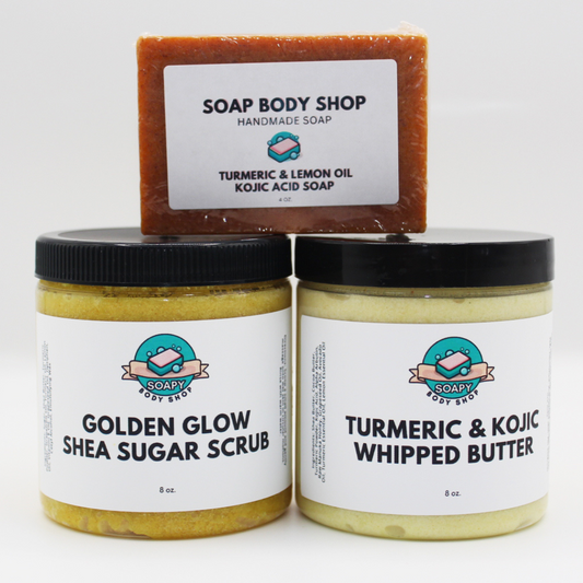 Turmeric Glowing 3 - Piece Turmeric Soap Set, Shea Sugar Scrub & Face + Whipped Butter
