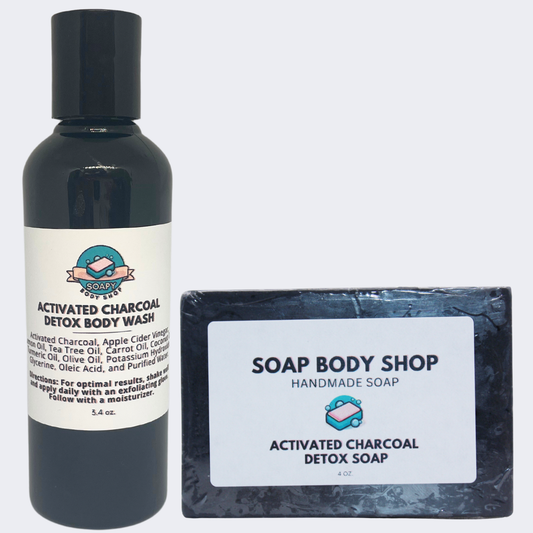 2-Piece Travel Size Activated Charcoal Soap & Body Wash Set - Body Wash 3.4oz, Soap Bar 4oz