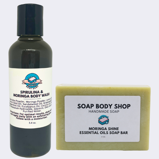 2-Piece Travel Size Moringa Soap + Body Wash Set - Body Wash 3.4oz, Soap Bar 4oz