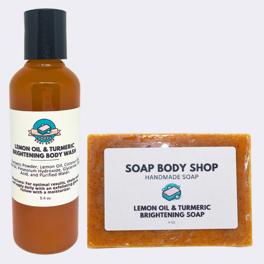 2-Piece Travel Size Lemon Oil & Turmeric Soap + Body Wash Set (No Kojic Acid) - Body Wash 3.4oz, Soap Bar 4oz